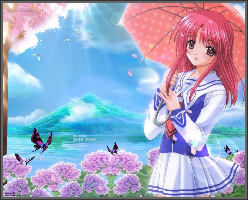 Pink-haired Girl with Umbrella — Blue, Serene, Spring
