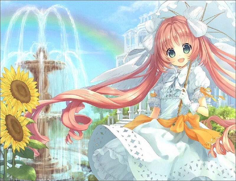 Pink-haired Girl with Umbrella — White, Serene