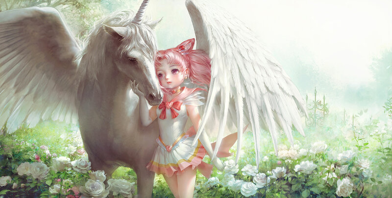 Pink-haired Girl with Unicorn — White
