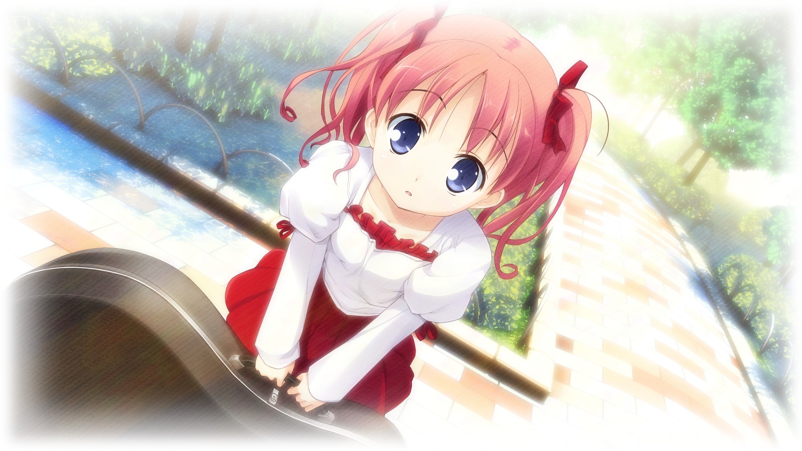 pink-haired girl with violin case