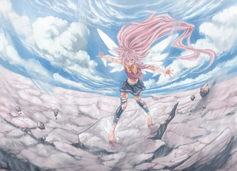 Pink-haired Girl with Wings — Blue, Dramatic, Afternoon