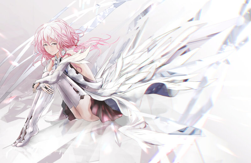 Pink-haired Girl with Wings — White, Dramatic