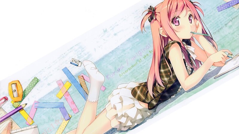 Pink-haired Girl Writing — Pink, Calm, Anime