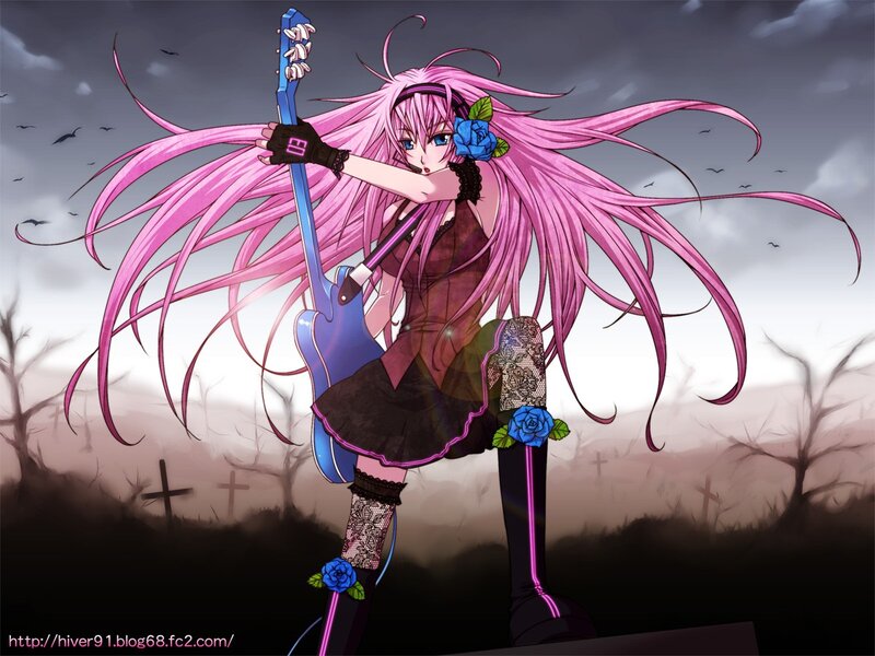 Pink-haired guitarist in a graveyard