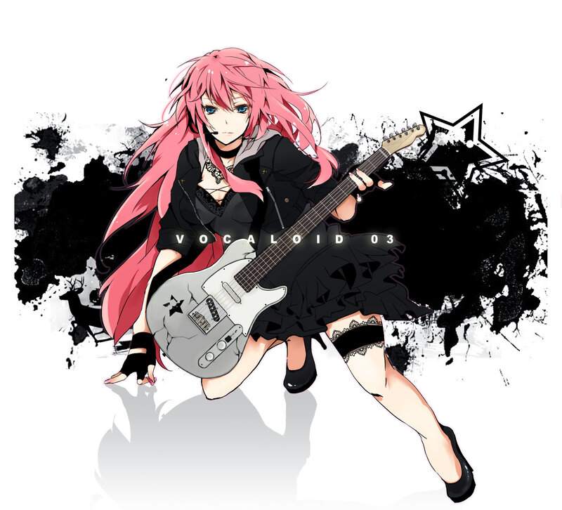 pink-haired guitarist in black outfit