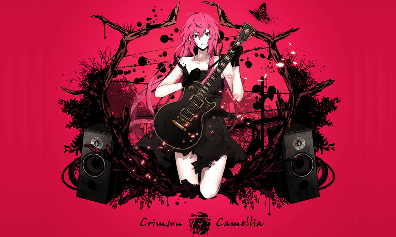 Pink-haired guitarist in crimson