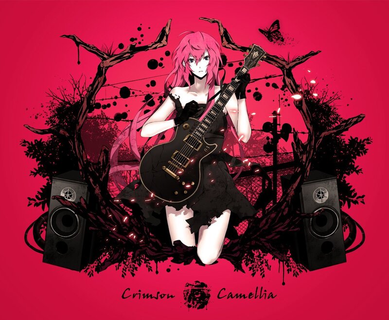 Pink-haired guitarist in crimson