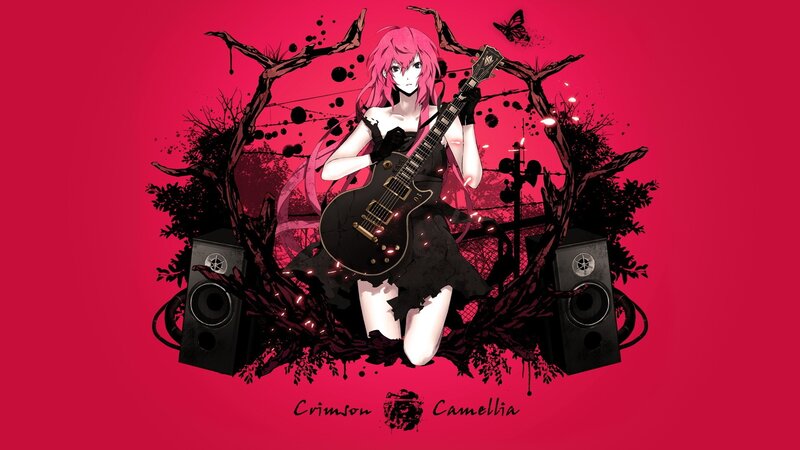 Pink-haired guitarist in crimson