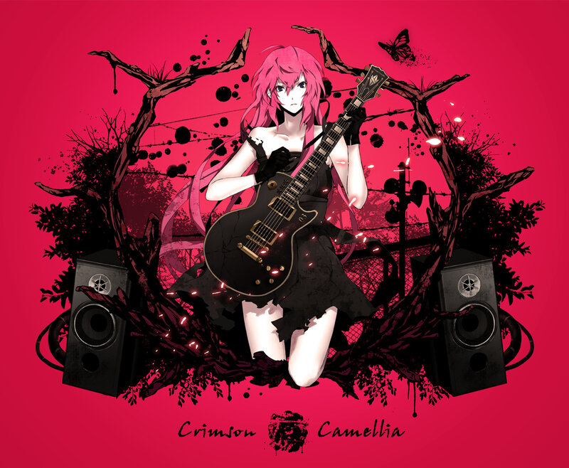 Pink-haired guitarist in crimson scene