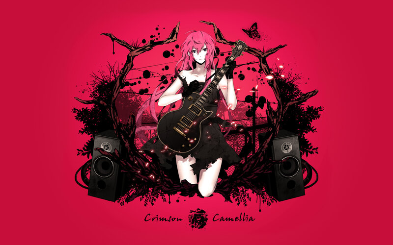 pink-haired guitarist in crimson