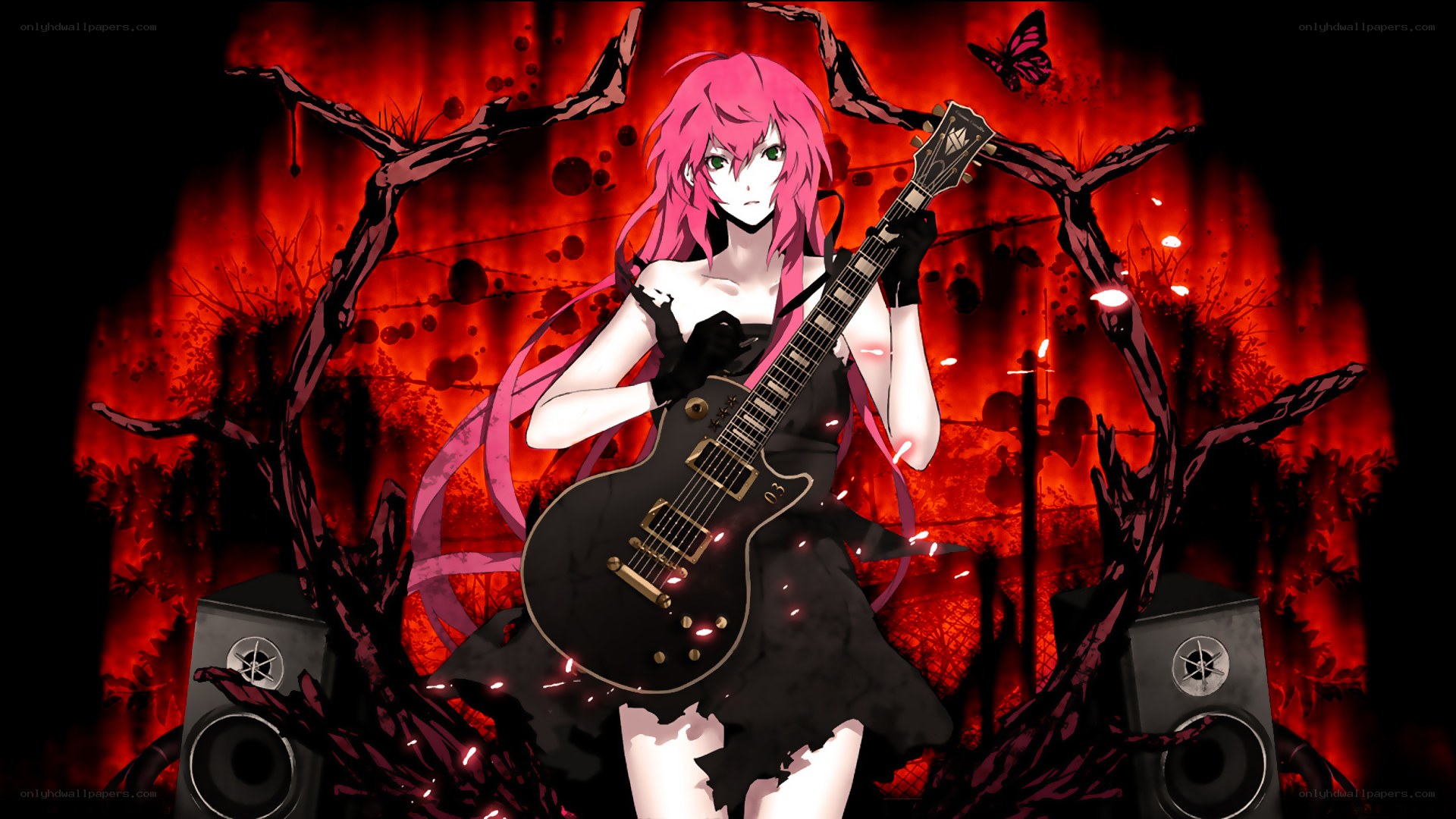 Pink-haired guitarist in dark setting