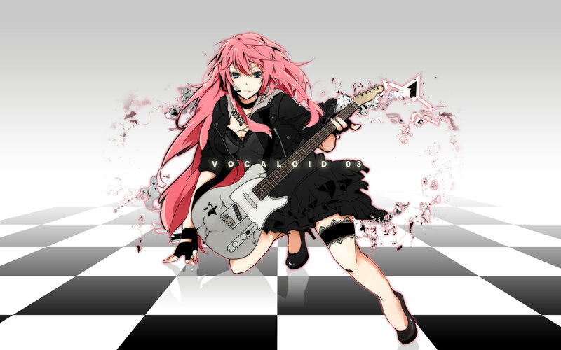 pink-haired guitarist on checkered floor