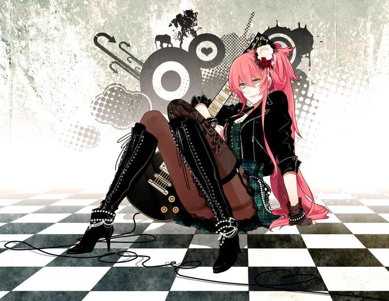 pink-haired guitarist on checkered floor