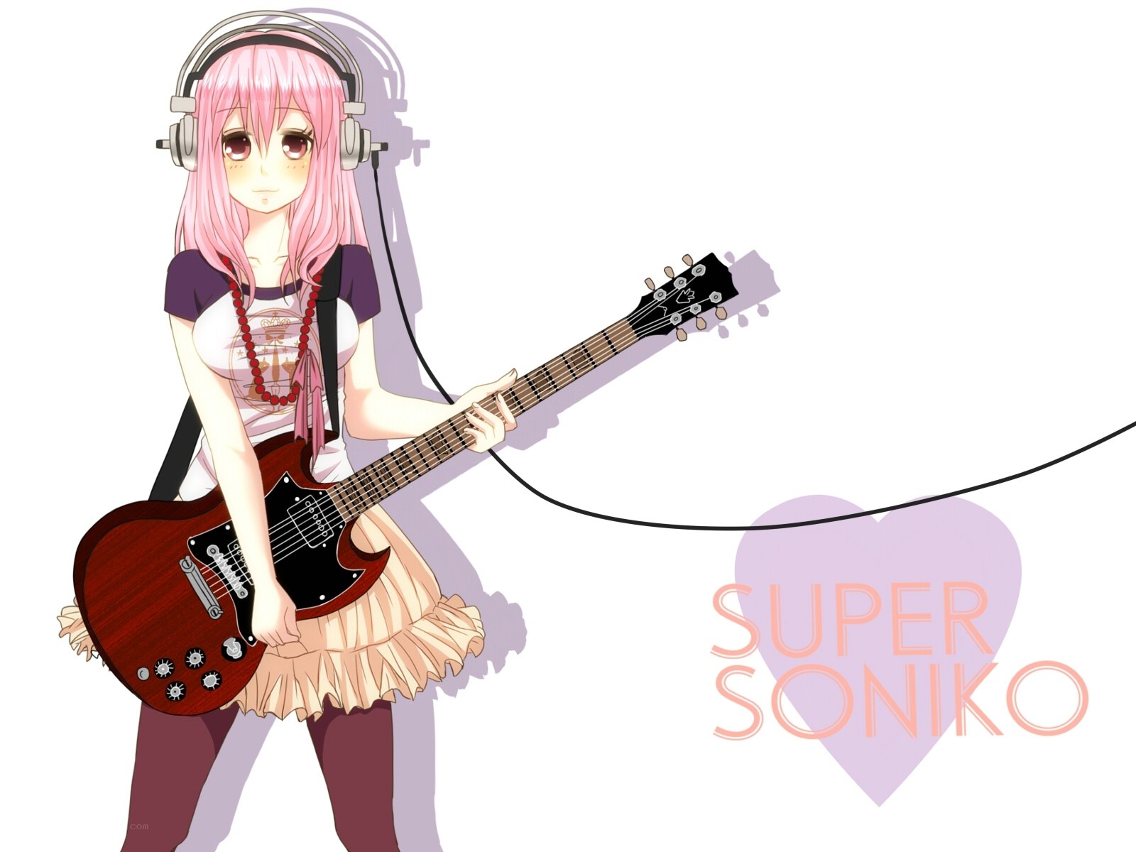 pink-haired guitarist with headphones