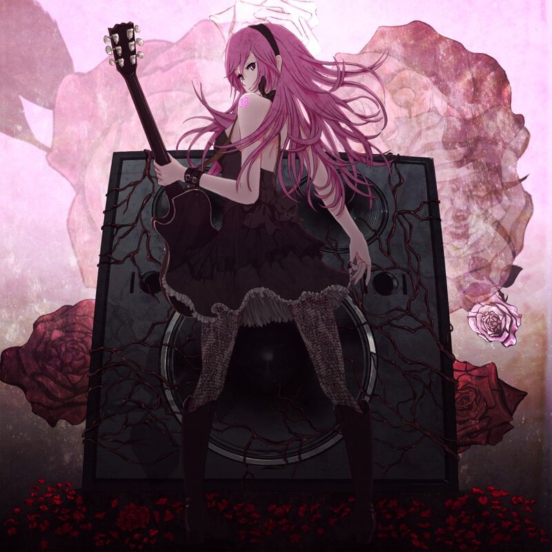pink-haired guitarist with roses
