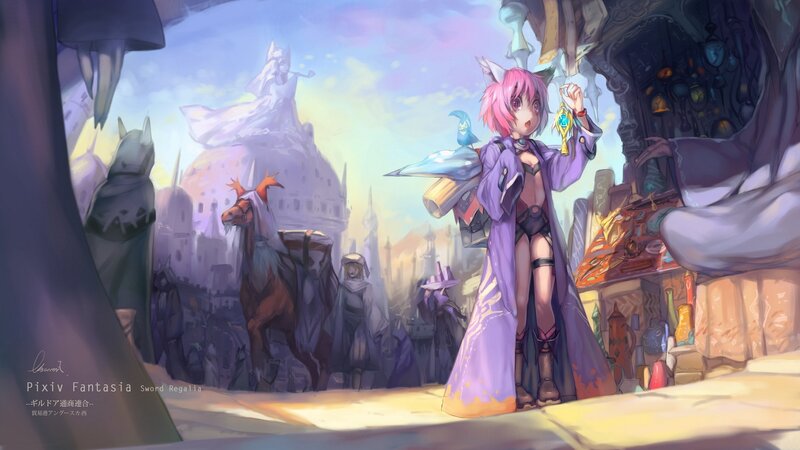 Pink-haired mage in fantasy city