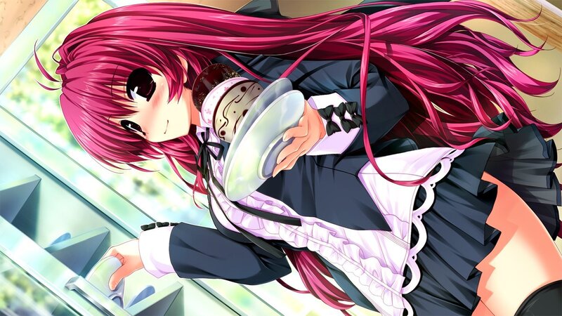 pink-haired maid holding dishes