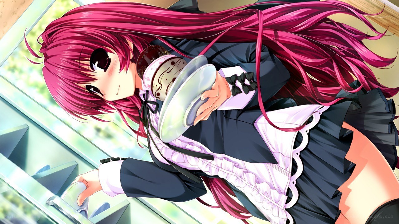 pink-haired maid holding dishes