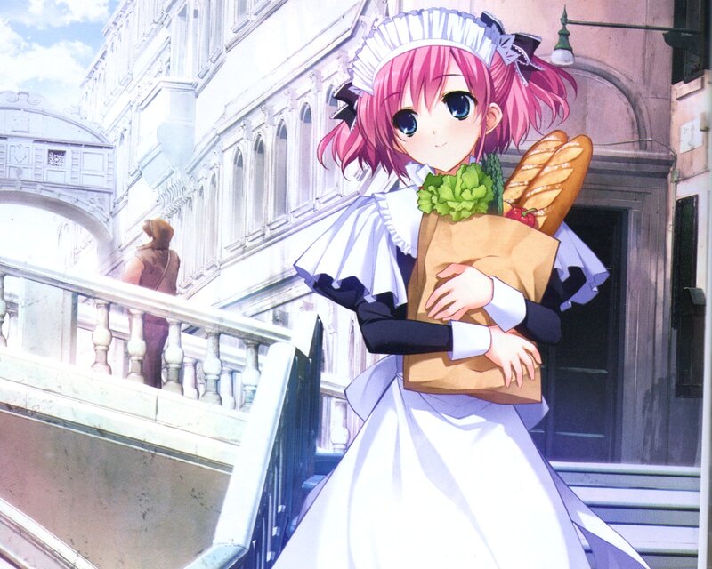 Pink-haired Maid Holding Groceries
