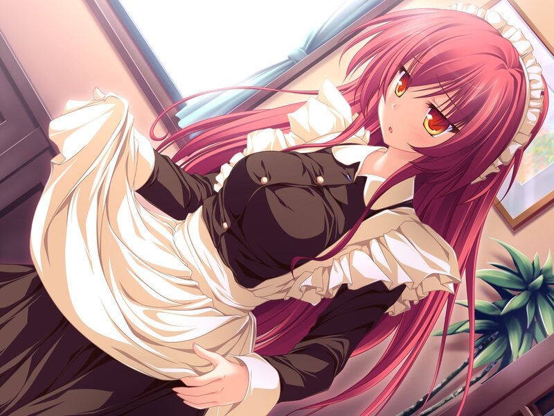 pink-haired maid in a room