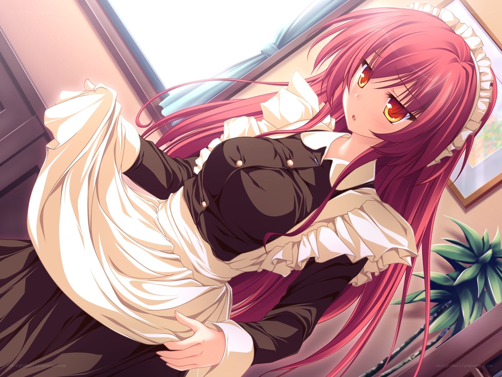 pink-haired maid in a room
