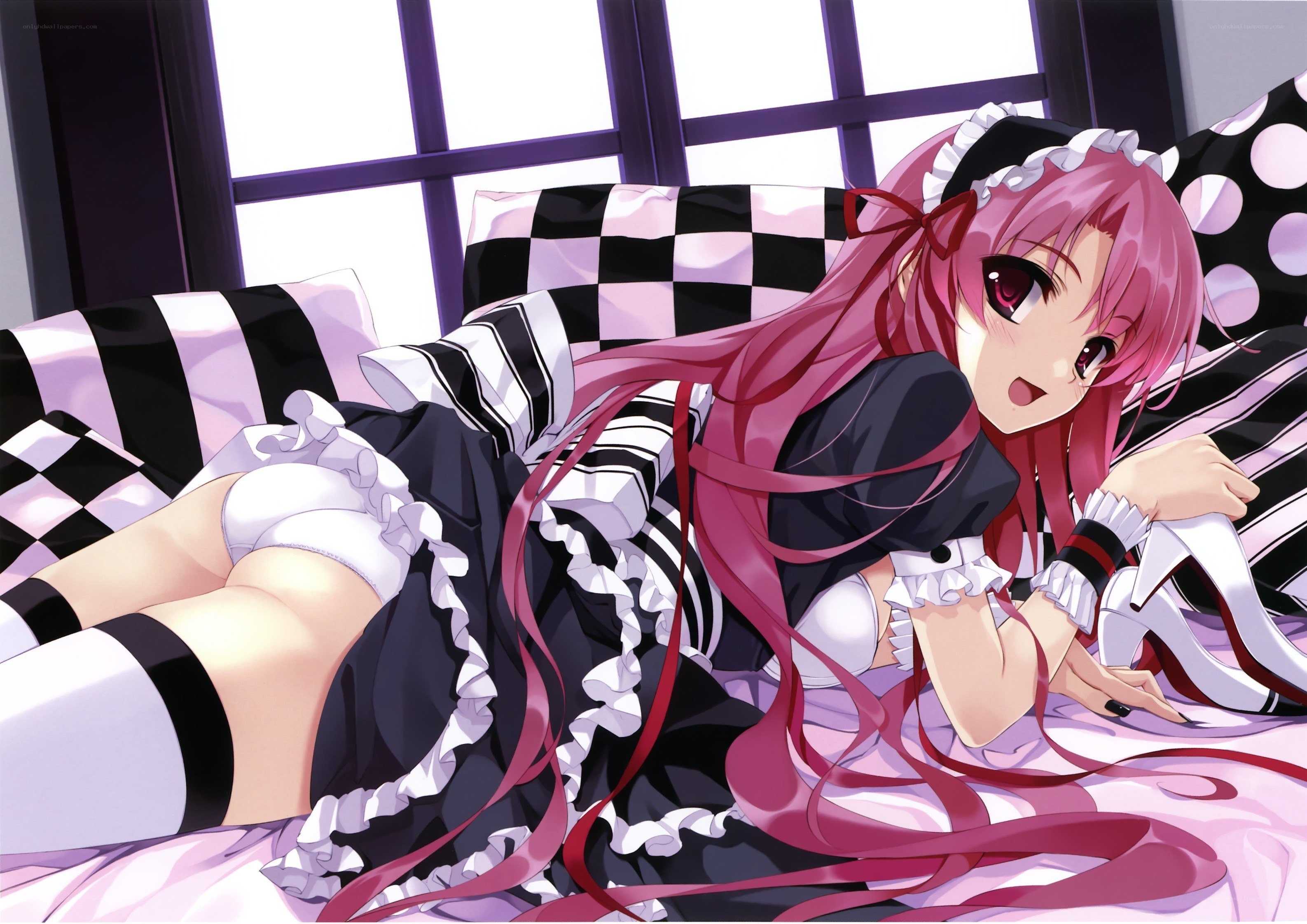 pink-haired maid in bed