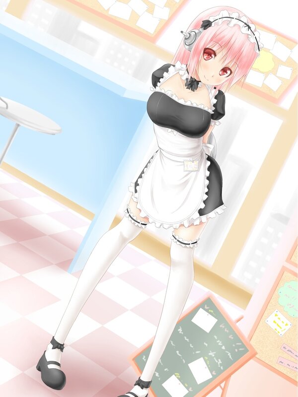 pink-haired maid in cafe