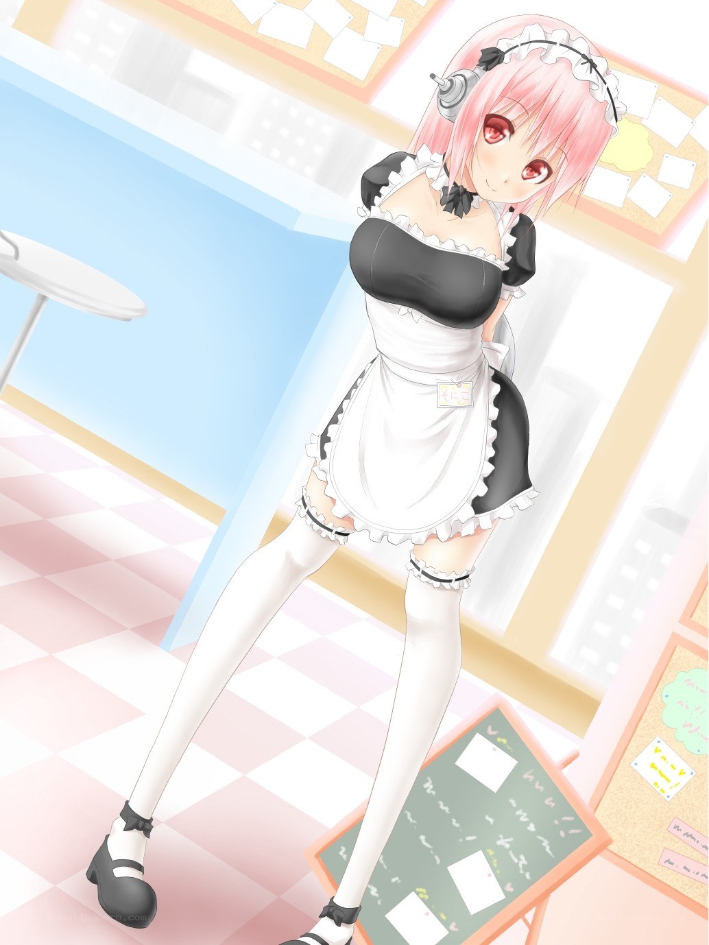 pink-haired maid in cafe