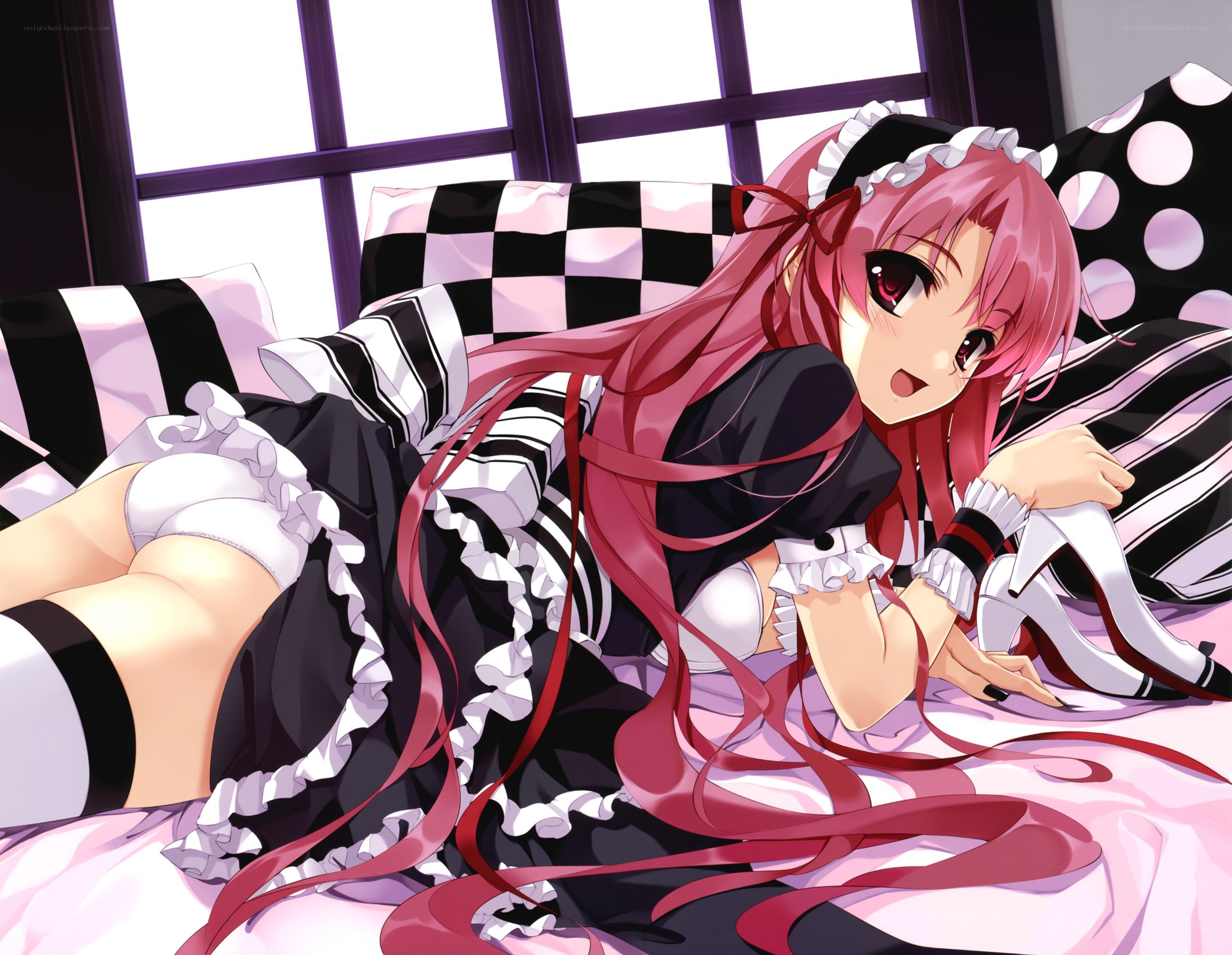 pink-haired maid on bed