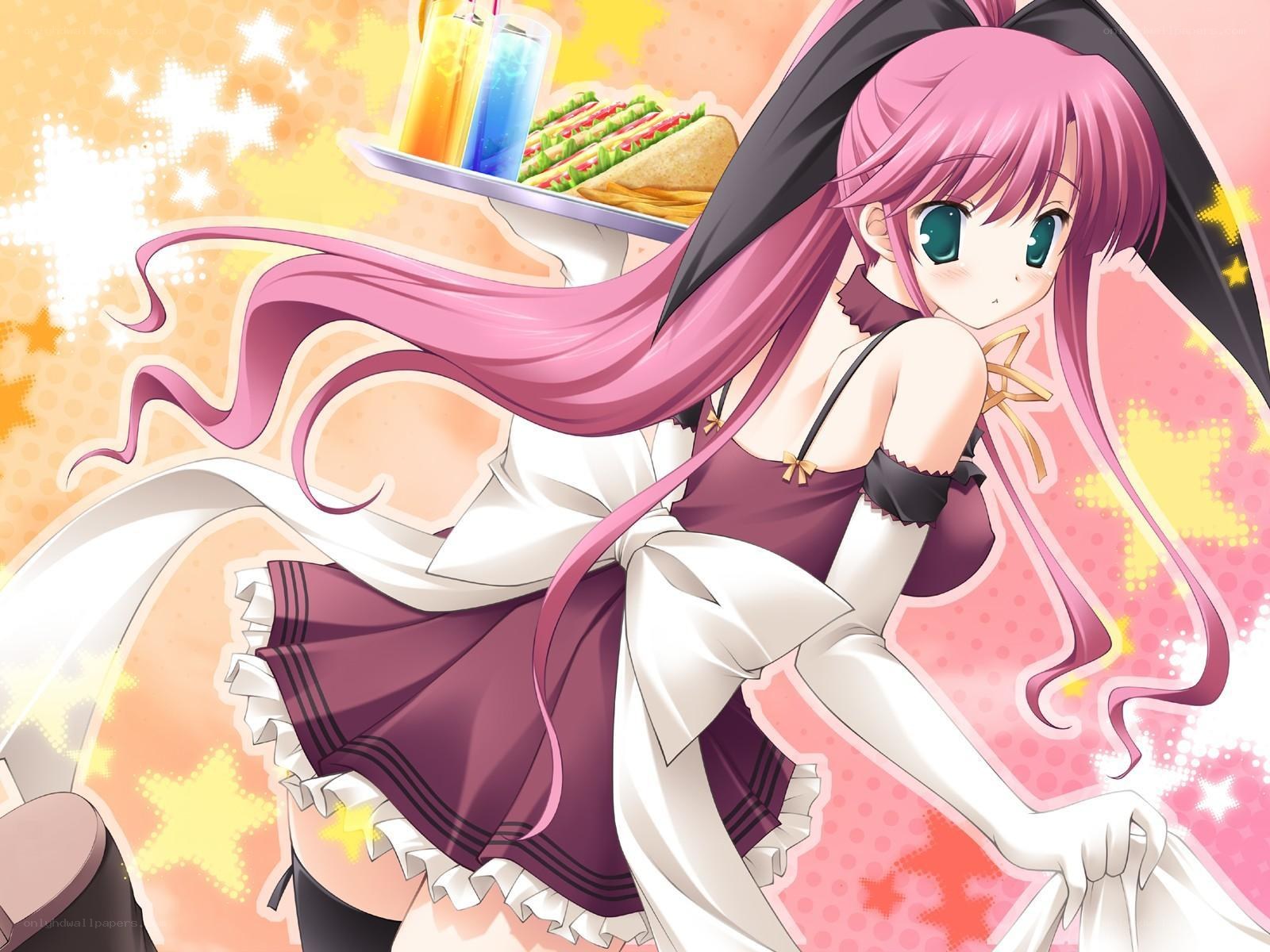 pink-haired maid serving food
