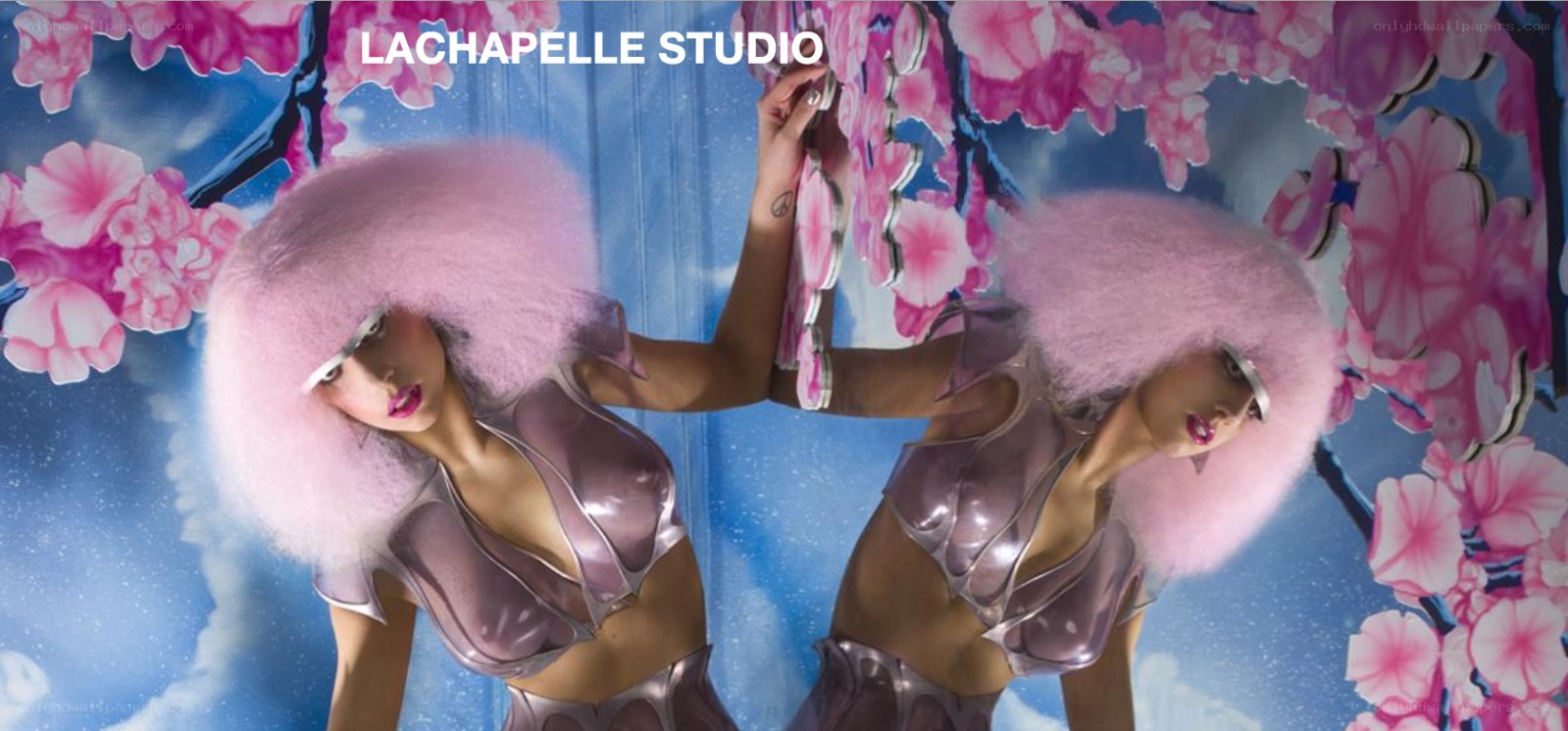Pink-haired model in futuristic outfit