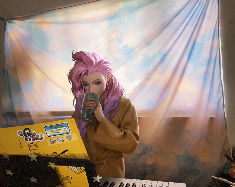 Pink-haired Person Drinking