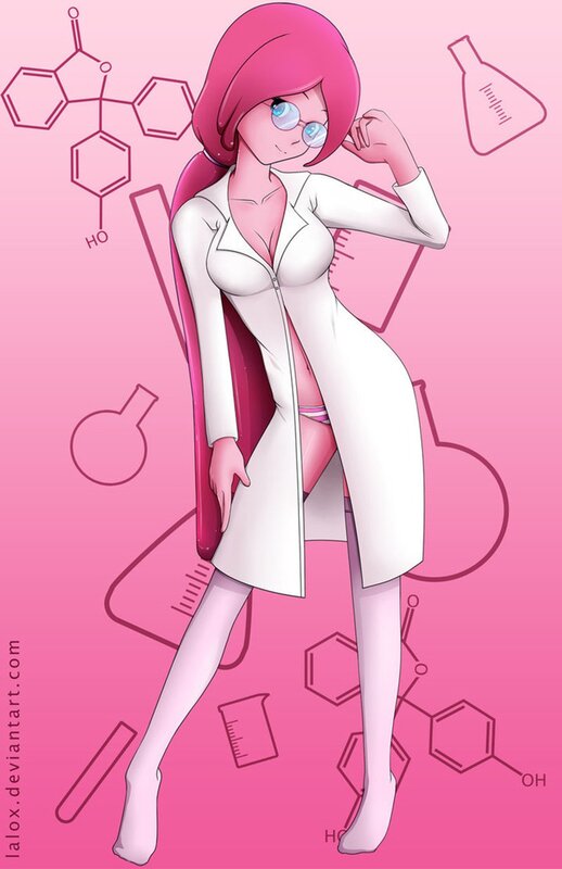pink-haired scientist in lab coat