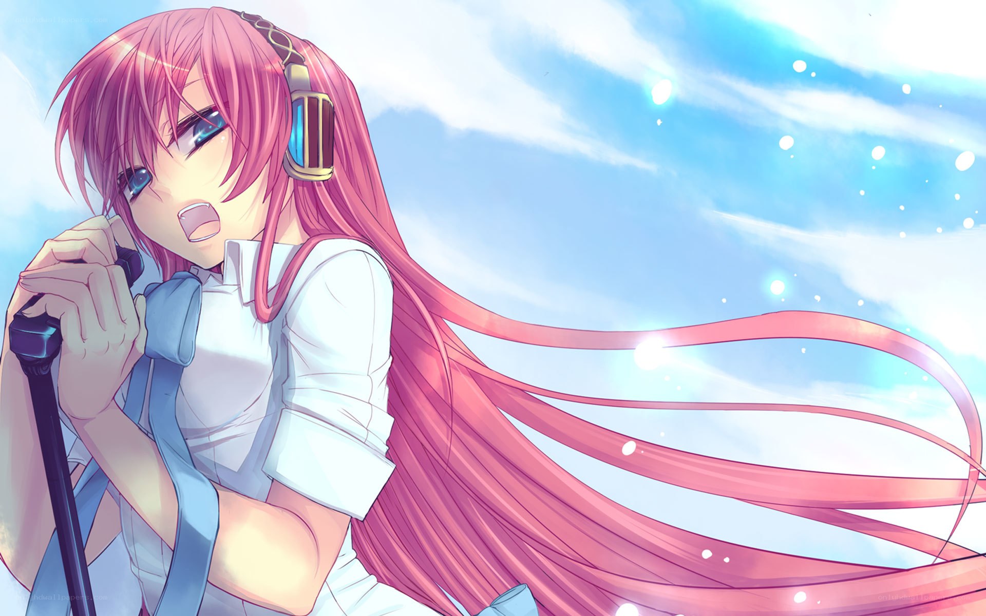 pink-haired singer with headphones