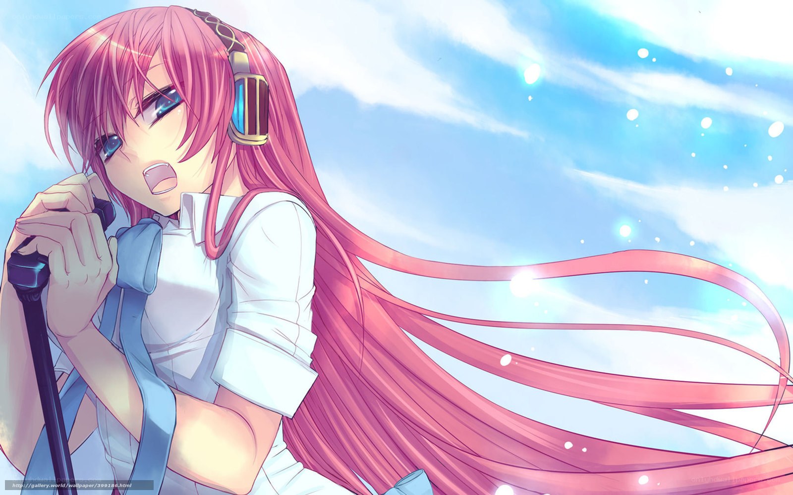 pink-haired singer with headphones