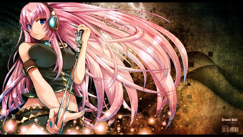 Pink-haired singer with microphone