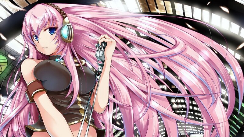 pink-haired singer with microphone