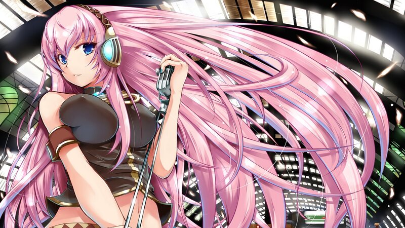pink-haired singer with microphone