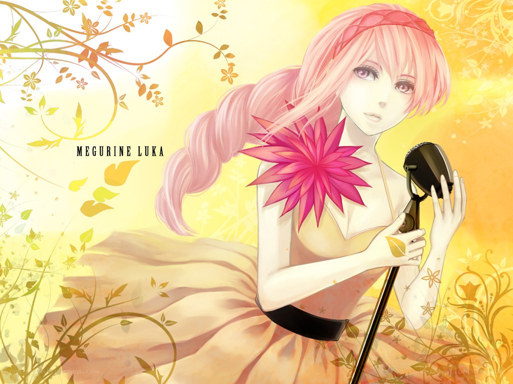 Pink-haired singer with microphone