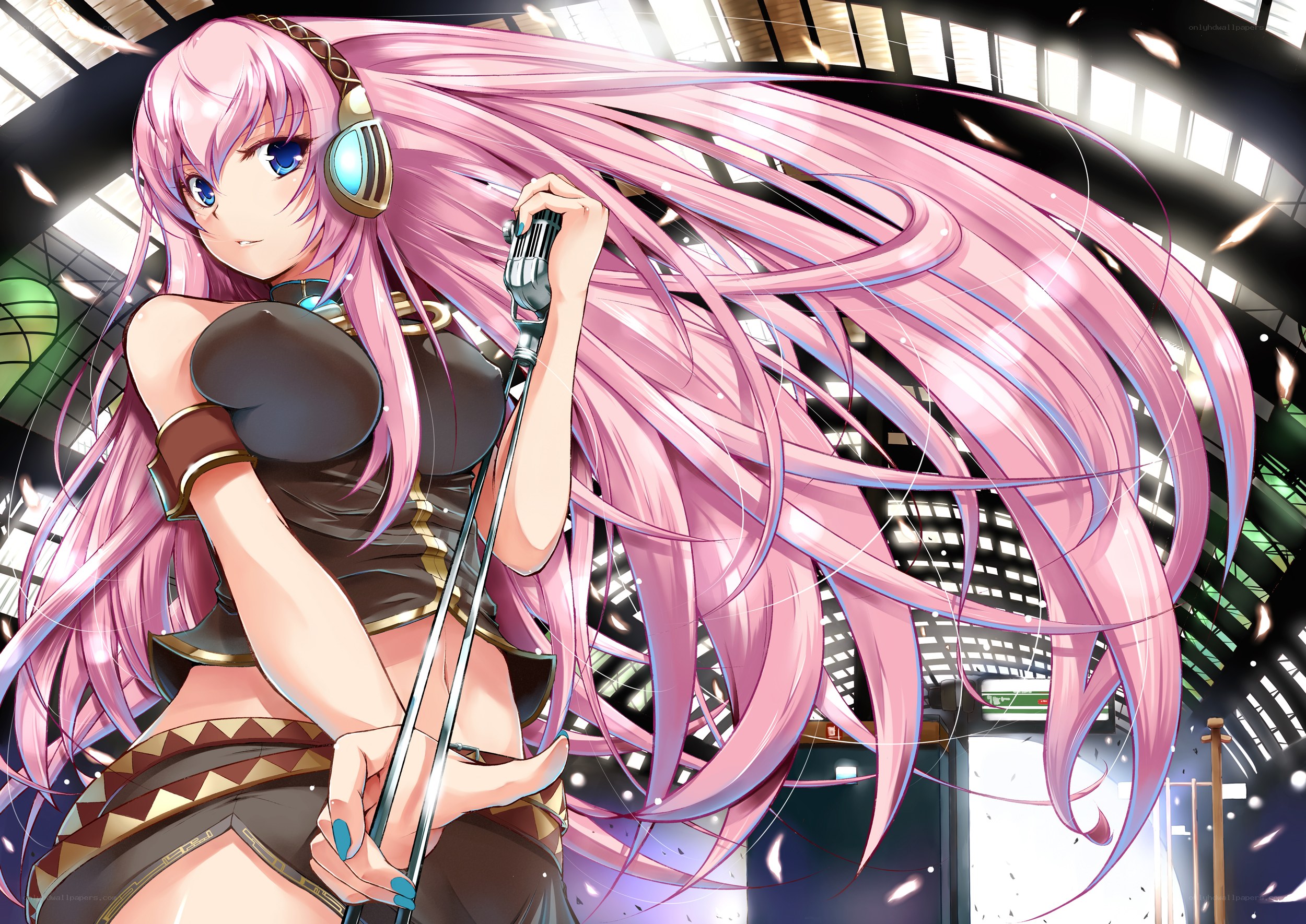 Pink-haired singer with microphone
