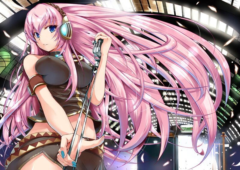 pink-haired singer with microphone
