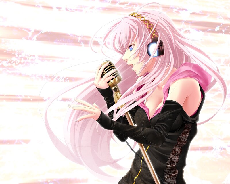 Pink-haired Singer with Microphone — Pink, Dramatic, Anime, Headphones