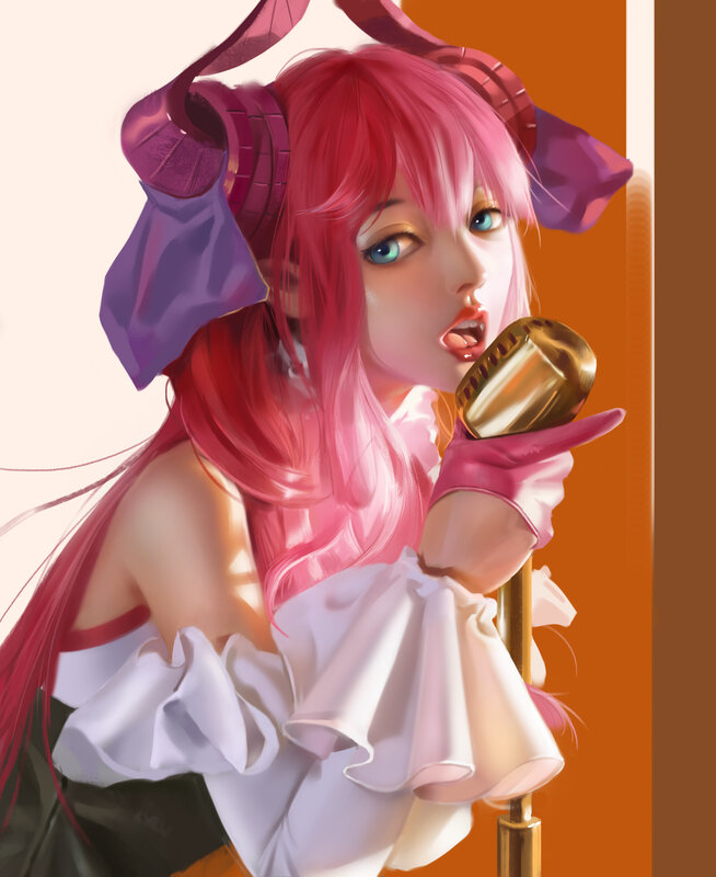Pink-haired Singer with Microphone — Pink, Dramatic, Digital Art