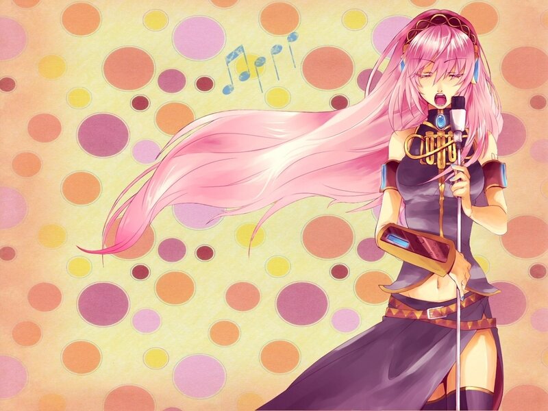 Pink-haired Singer with Microphone — Pink, Energetic, Anime, Music Notes