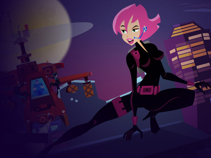 pink-haired superhero on rooftop