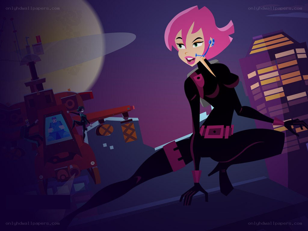 pink-haired superhero on rooftop