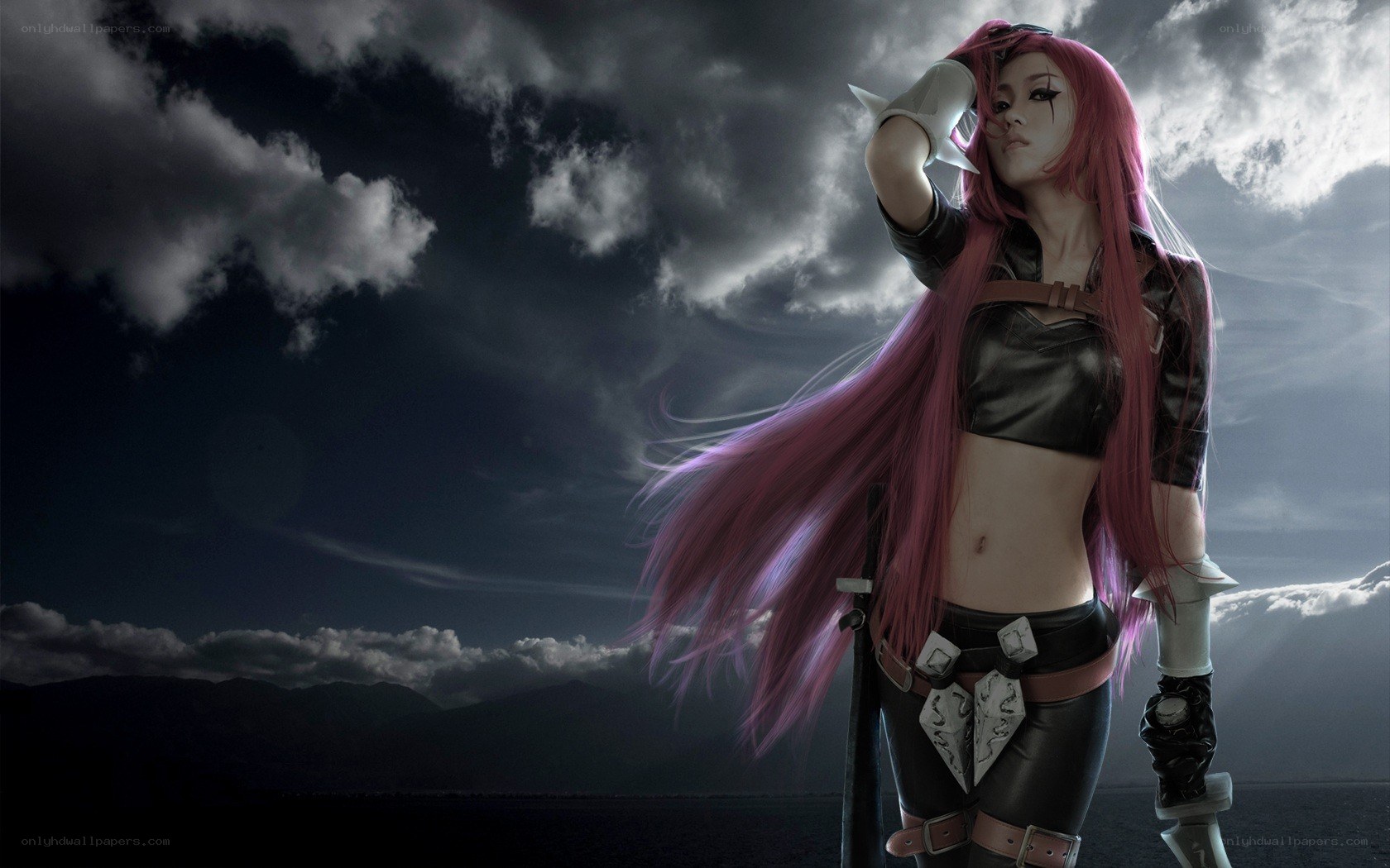 pink-haired warrior in stormy landscape