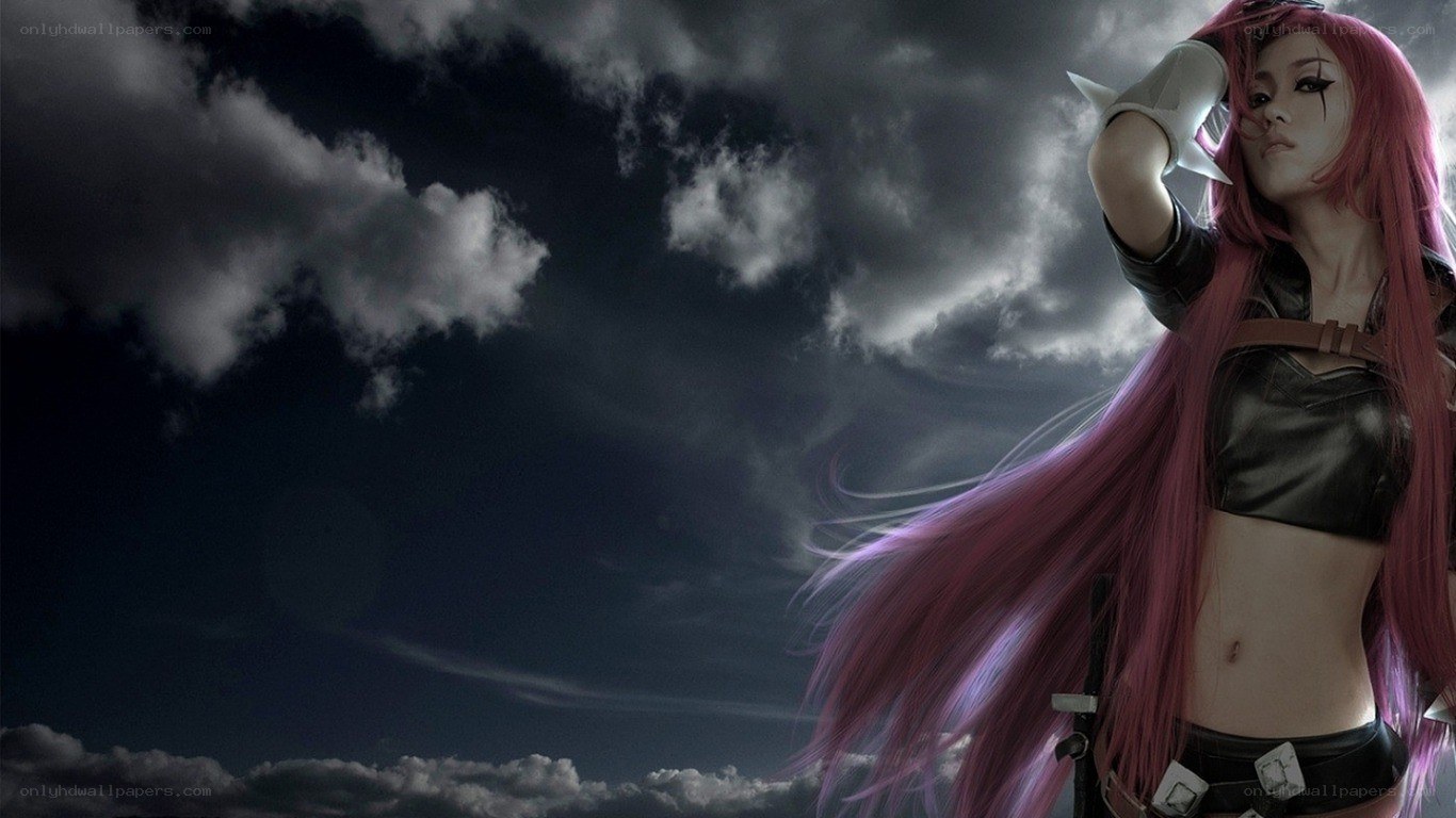 pink-haired warrior in stormy sky
