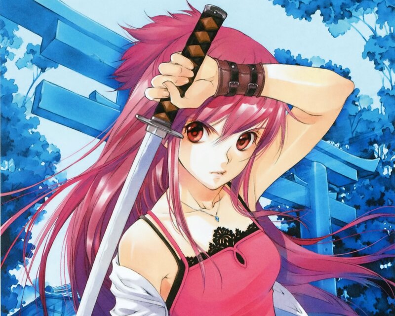 pink-haired warrior with sword