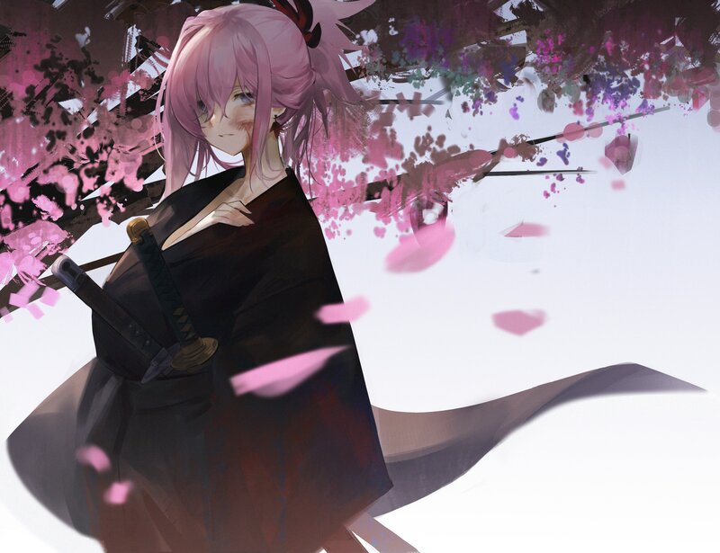 Pink-haired Warrior with Sword — Black, Dramatic